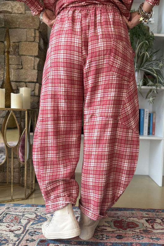 Patrick Plaid Brushed Cotton Barrel Pant Soft Red
